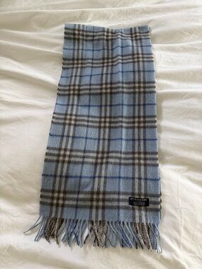 Burberry Light Blue Plaid Cashmere Scarf with Fringe
